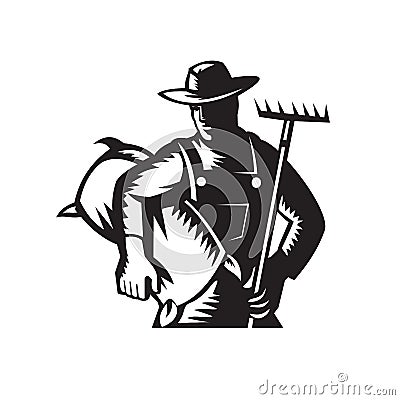 Organic Wheat Farmer with Rake and Sack Woodcut Retro Vector Illustration