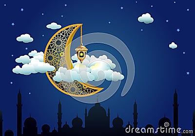 ornamental crescent moon with golden lantern Cartoon Illustration