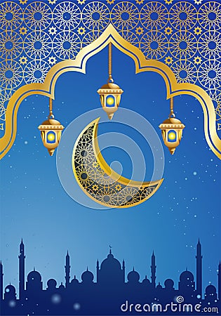 ornamental crescent moon over great mosque Cartoon Illustration