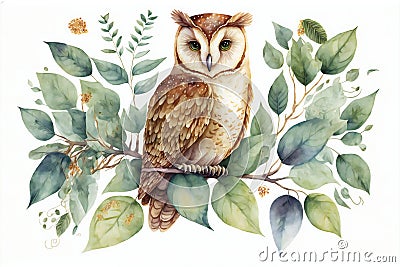 Owl and floral, watercolor hand draw, creative digital illustration painting, vintage style Cartoon Illustration