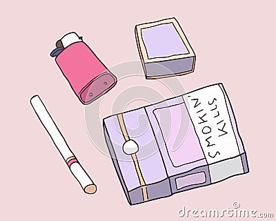 Illustration of pack of cigarettes, matches and lighter in color Stock Photo