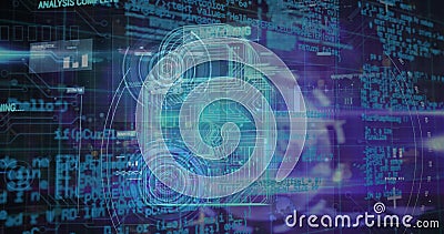 Illustration of padlock with circuit board pattern over programming language and graphs Stock Photo