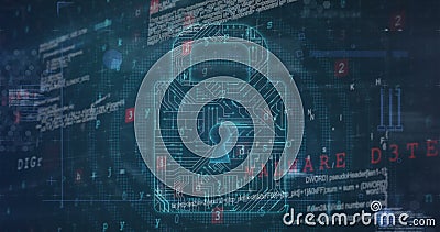 Illustration of padlock with circuit board pattern over programming language, number and letters Stock Photo