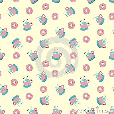 Coffee cup and donuts cute cartoon seamless pattern Vector Illustration