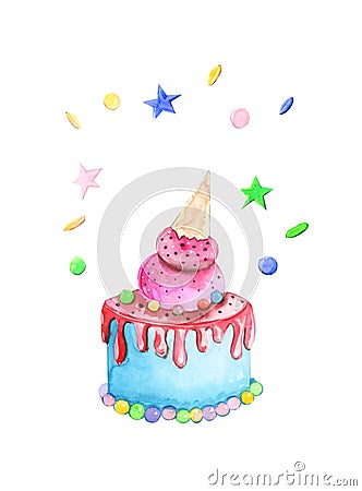 Illustration painted by watercolor confectionery multi-tiered colored festive cakes decorated with cream on a isolated Stock Photo