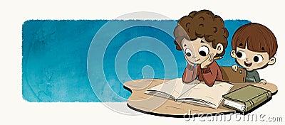 Kids doing homework Cartoon Illustration