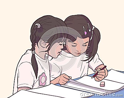 Illustration of pair of little girls coloring in kinder garden in color Cartoon Illustration