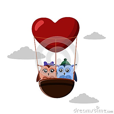Illustration with pair of owls in a heart-shaped balloon with clouds on light background Vector Illustration