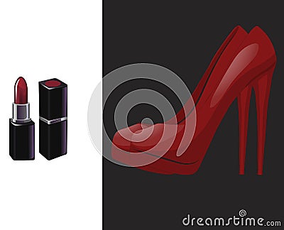 Illustration of pair red shoe with high heel and red lipstick. Isolated. Vector illustration Stock Photo