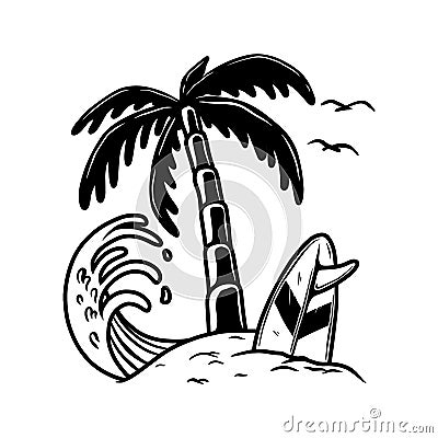 Illustration of palm with wave and surfing deck. Vector Vector Illustration