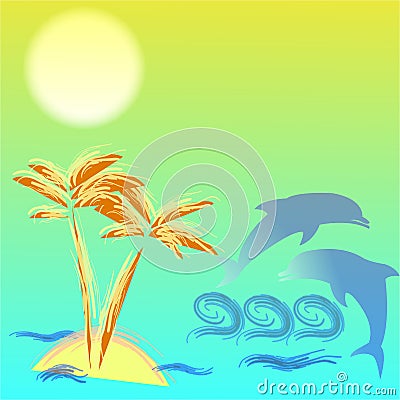 Illustration with palmtree and dolphins Vector Illustration