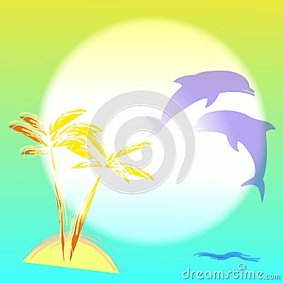 Illustration with palmtree and dolphins Vector Illustration