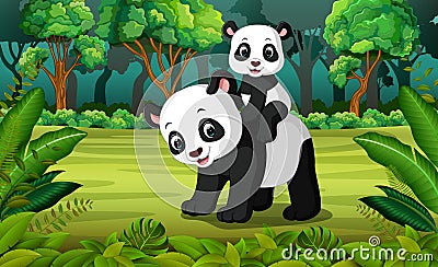 Panda with baby panda in the forest Vector Illustration