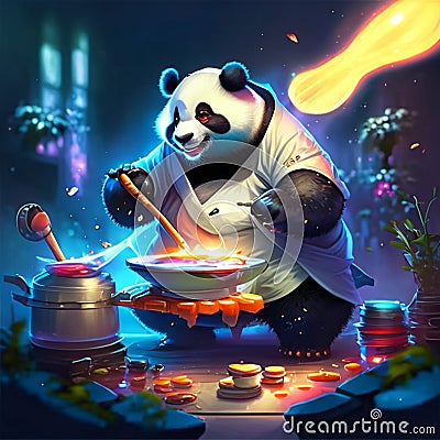 illustration of a panda playing the drums with a fire in the background Generative AI Cartoon Illustration