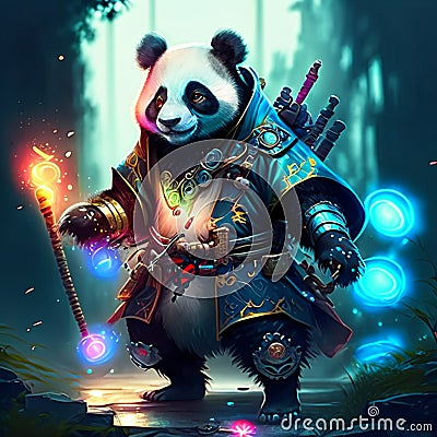Illustration of a panda warrior with a torch in his hand Generative AI Stock Photo