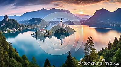 Panoramic view of Bled lake in Slovenia, Europe Cartoon Illustration