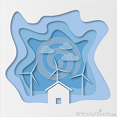 Illustration paper cut art of home with wind turbine, modern alternative sustainability with eco-friendly renewable energy Stock Photo