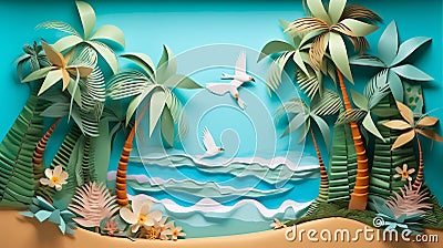 Illustration of a paper landscape inspired by a tropical paradise with origami birds and beach with palm treas Stock Photo