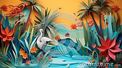 Illustration of a paper landscape inspired by a tropical paradise with origami birds and beach with palm treas Stock Photo