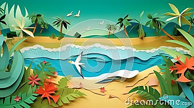 Illustration of a paper landscape inspired by a tropical paradise with origami birds and beach with palm treas Stock Photo