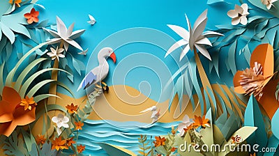 Illustration of a paper landscape inspired by a tropical paradise with origami birds and beach with palm treas Stock Photo