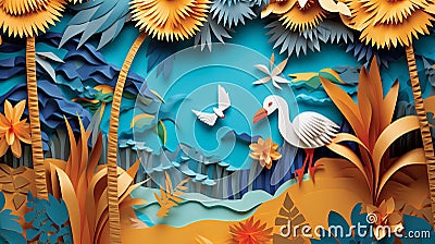 Illustration of a paper landscape inspired by a tropical paradise with origami birds and beach with palm treas Stock Photo