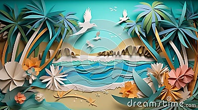 Illustration of a paper landscape inspired by a tropical paradise with origami birds and beach with palm treas Stock Photo