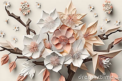 Illustration of paper pink flowers of Japanese cherry, sakura, origami, Generative AI 2 Stock Photo