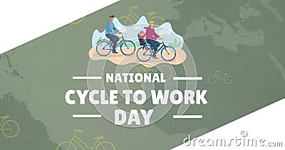 Illustration of parents with child riding bicycles in park and national cycle to work day text Stock Photo