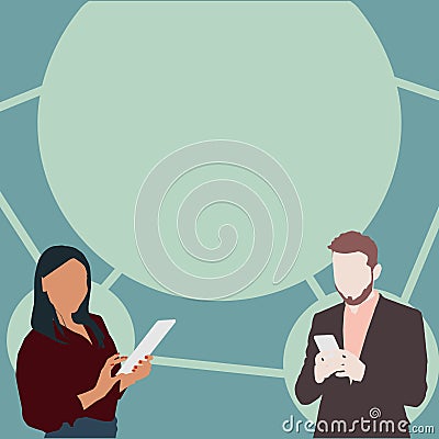 Illustration Of Partners Busy Using Smartphones Searching For New Wonderful Ideas. Couple Actively Working On Digital Vector Illustration