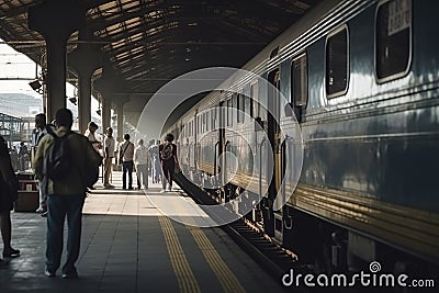 illustration, passenger getting on the train at the station, ai generative Cartoon Illustration