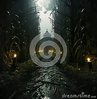 Illustration A path through a corn field with a lantern on the top Stock Photo