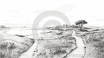 Nostalgic Coastal Path: Black And White Drawing Of A Hillside View Cartoon Illustration