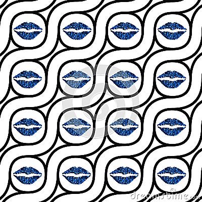 Illustration of a pattern of blue lips outlines isolated on a white background Cartoon Illustration