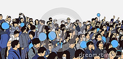 Illustration of peaceful asian crowd protest with children and blank balloons Stock Photo