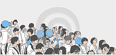 Illustration of peaceful asian crowd protest with children and blank balloons Stock Photo