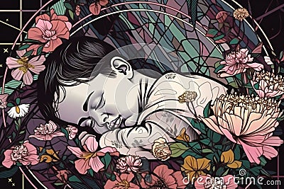 Peaceful sleeping kid with flower, people, children Cartoon Illustration