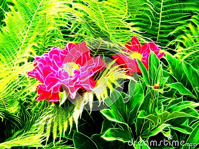 Illustration of peony flowers in neon color Stock Photo