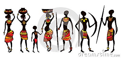 Illustration of people from Africa. Men and women national clothes. Vector Illustration