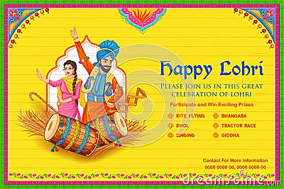 people celebrate and dancing bhangra for Happy Lohri holiday background for Punjabi festival India Cartoon Illustration
