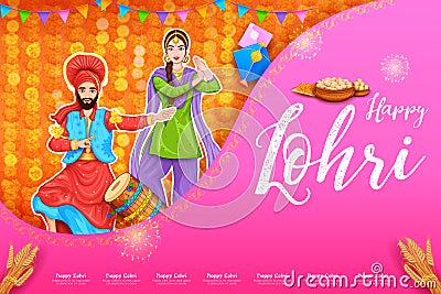 people celebrate and dancing bhangra for Happy Lohri holiday background for Punjabi festival India Vector Illustration