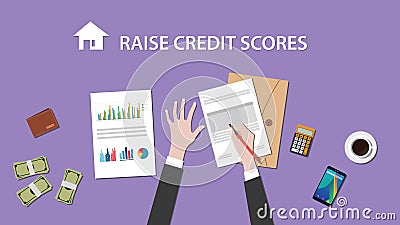 Illustration of people counting raise credit score on a paperwork with money, folder document on top of table Vector Illustration