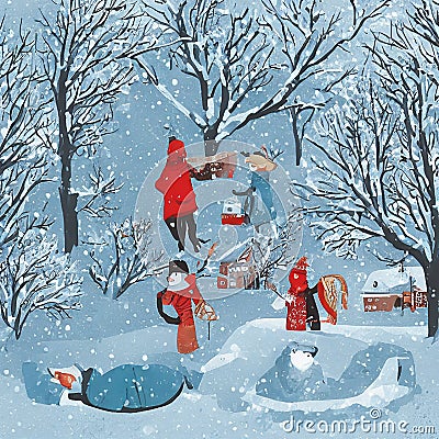 illustration of people enjoying the winter landscape Cartoon Illustration