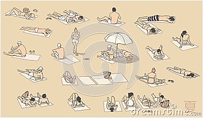 Illustration of people relaxing and sunbathing on beach Stock Photo