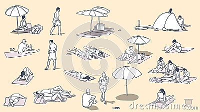 Illustration of people relaxing and sunbathing on beach Vector Illustration