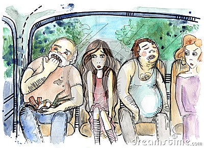 Illustration of people sitting inside old bus Cartoon Illustration
