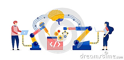 Illustration of People Using Machines Assisted by AI Brains to Enhance Production Tools and Develop New Programming Languages for Vector Illustration