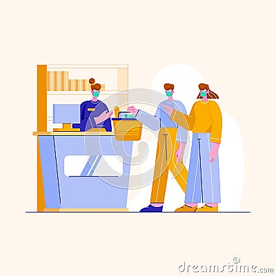 Illustration of people wear mask shopping in super market. Vector Illustration