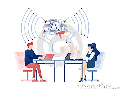 Illustration of People Working at Desks, Connected to an AI-Driven Internet Network, Streamlining Workflow Efficiency and Vector Illustration