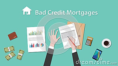 Illustration of people writing about bad credit mortgage on a paperwork with money, folder document on top of table Vector Illustration
